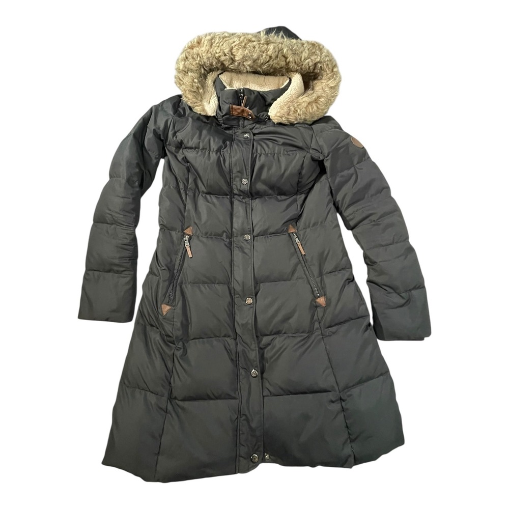 Ralph Lauren Womens Black Hooded Down Puffer Parka Coat Faux Fur Trim